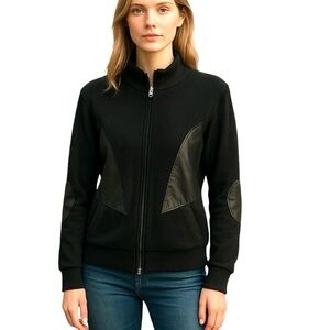 Yuka Black Full Zip Faux Leather Inset Sweater Jacket M Moto Athleisure Chic